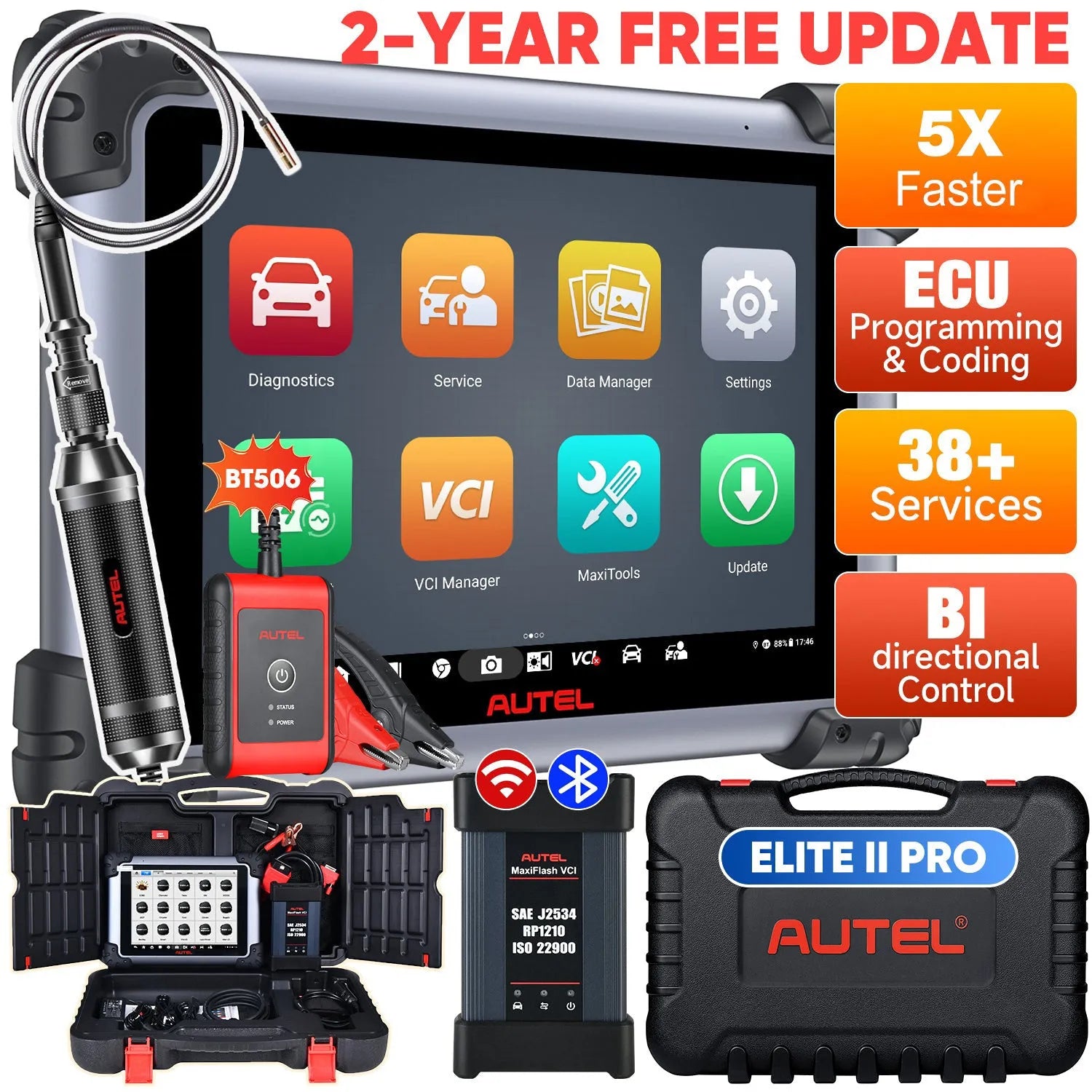 【2-Year Free Update】Autel Maxisys Elite II Pro 2026 , ECU Programming&Coding,  Auto Scan 2.0, Bi-Directional Control, D-PDU/RP1210& DoIP/CAN FD, Full-System Diagnostic, MaxiFlash VCI, 40+ Services, Upgrade Of Elite/Elite II/MS908 PRO