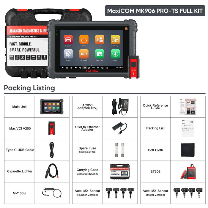 Autel MaxiCOM MK906S Pro2-TS / MK906 Pro-TS Full Kit with Autel MV108S & BT506, Full TPMS Functions, Advanced ECU Coding, Bi-Directional Control, Auto Scan 2.0, 36+ Services, Plus 4PCS Metal MX-Sensor & 4PCS Rubber MX-Sensor